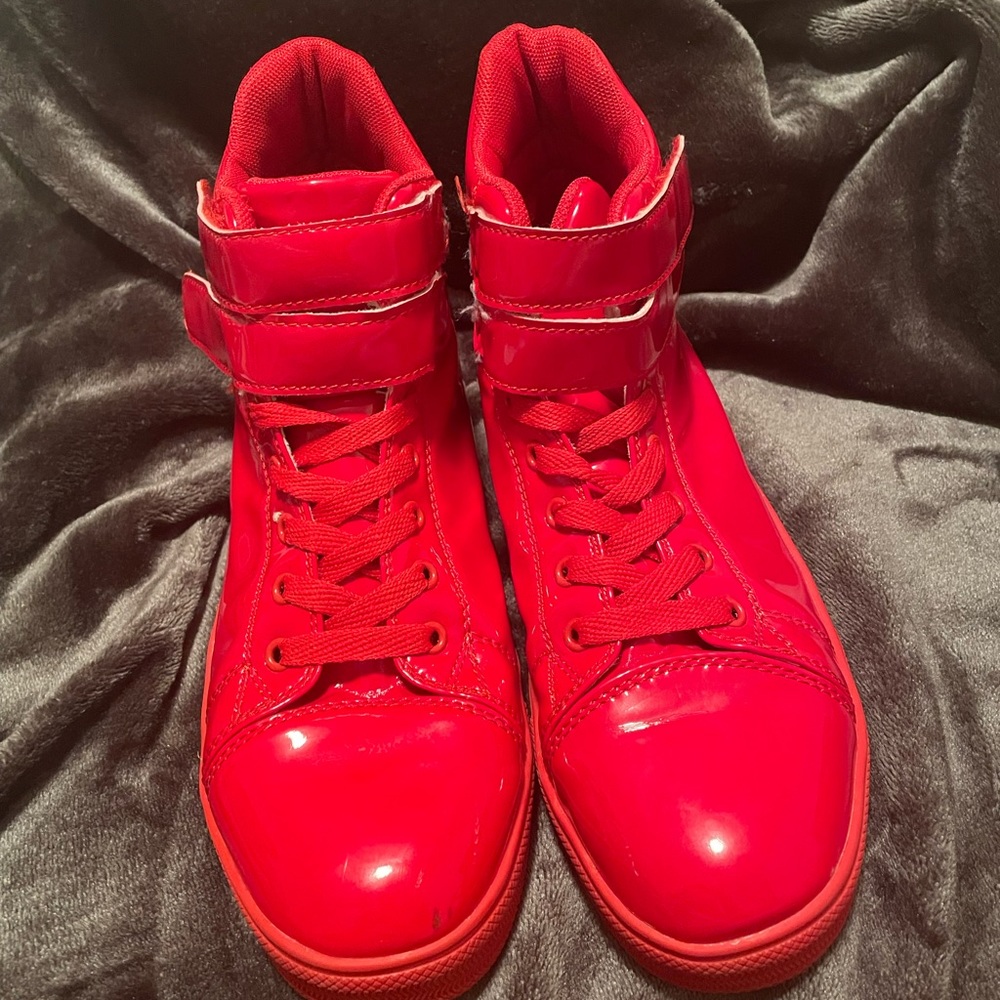 red, leather, lace up, velcro shoe